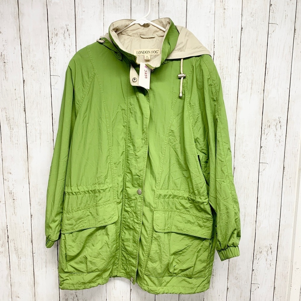 London Fog Hooded Windbreaker Women Size L Green Parka Rain Jacket Lightweight